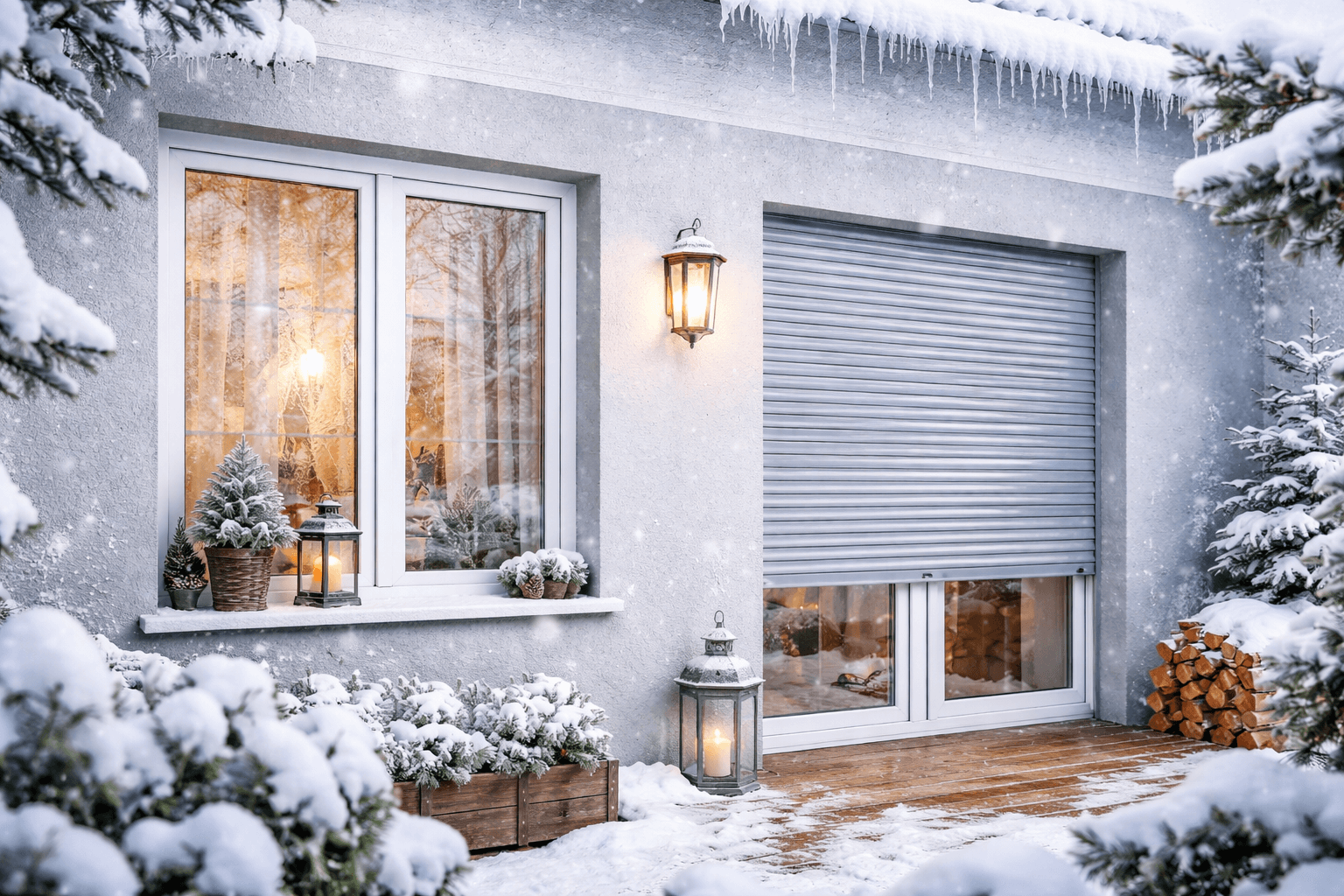Menuiseries extérieures d’une maison en hiver avec volets roulants et fenêtres protégés du froid