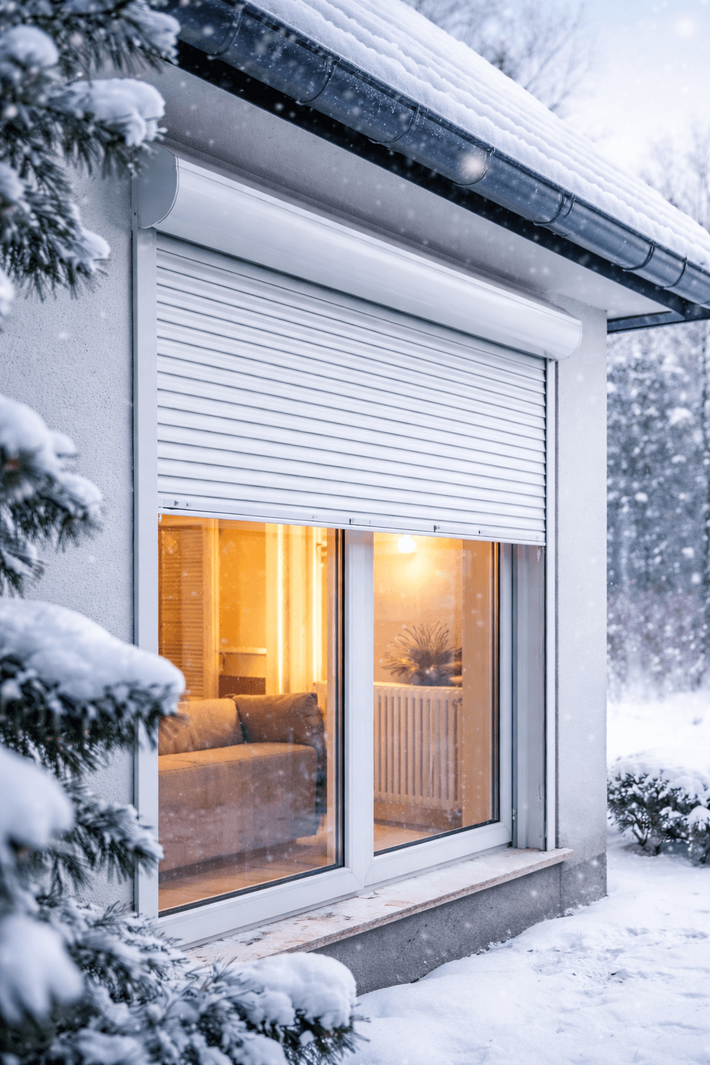 Volet roulant fermé sur une fenêtre en hiver, conservant la chaleur à l’intérieur du logement